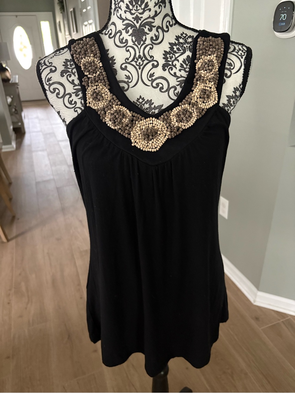 Sleeveless Black Tank Top with Beaded Neckline